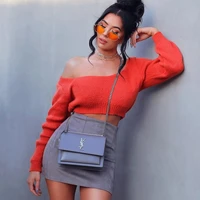 2021 spring and autumn fashion casual diagonal neck knitted short sweater pullover long sleeved solid color sexy crop tops women