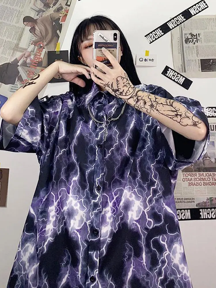

Kalevest Y2K High Street Shirts Women Rock Cyber Cardigan Blouses Lightning Printed Rave Outfits Short Sleeve Shirt Whit Buckle