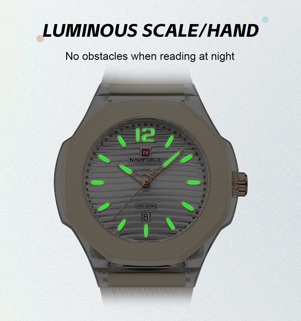 Фото Женские повседневные спортивные часы NAVIFORCE Reloj Mujer, водонепроницаемые 5ATM, с силиконовым ремешком, светящиеся, аналоговые, кварцевые, наручные, для повседневного использования №4
