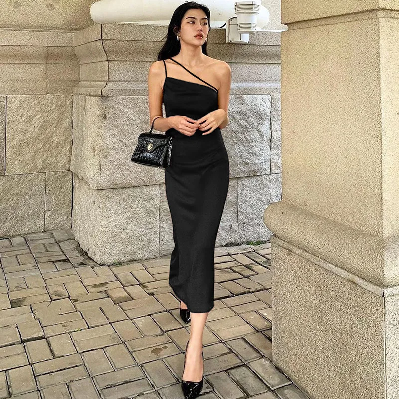 

Платье-комбинация женское атласное на одно плечо, модная уличная одежда, однотонное длинное платье без рукавов, Y2k, летняя одежда