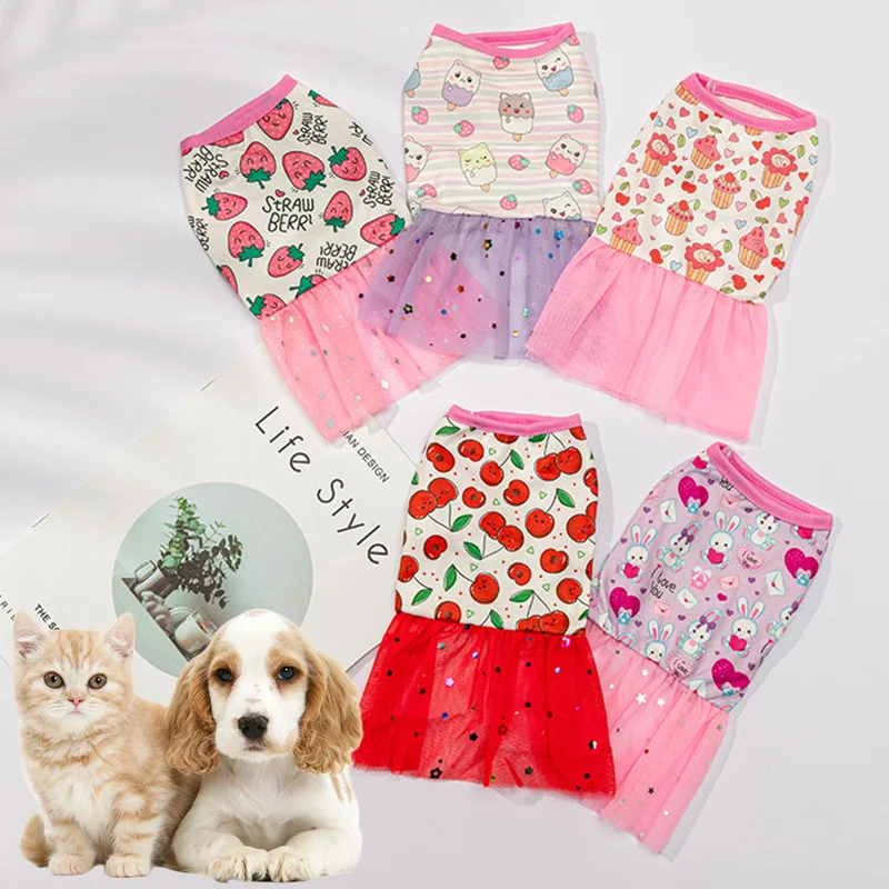

Cute Little Dog Little Cat Princess Dress Cartoon Cherry Lace Short Dress Fashion Summer Cat And Dog Dress Pet Supplies