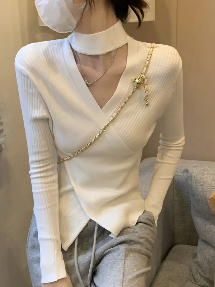 

Halterneck Sweater Design Sense Niche V-neck Long Sleeve Top Bottom Knit Skeleton Halter Neck Semi-turtleneck Sweater