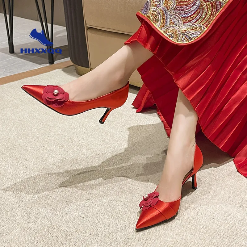 

French Wedding Shoes Pumps High-end Sense 2023 New Camellia High-heeled Shoes Women's Wedding Dress Banquet Red Bridal Shoes