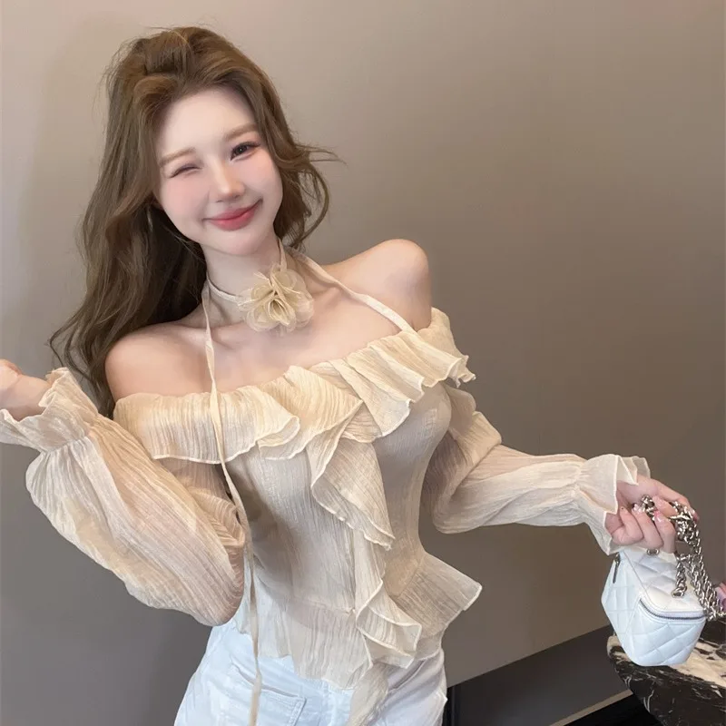 Необычные рубашки с открытыми плечами и оборками женские осенние Pure Desire Gyaru