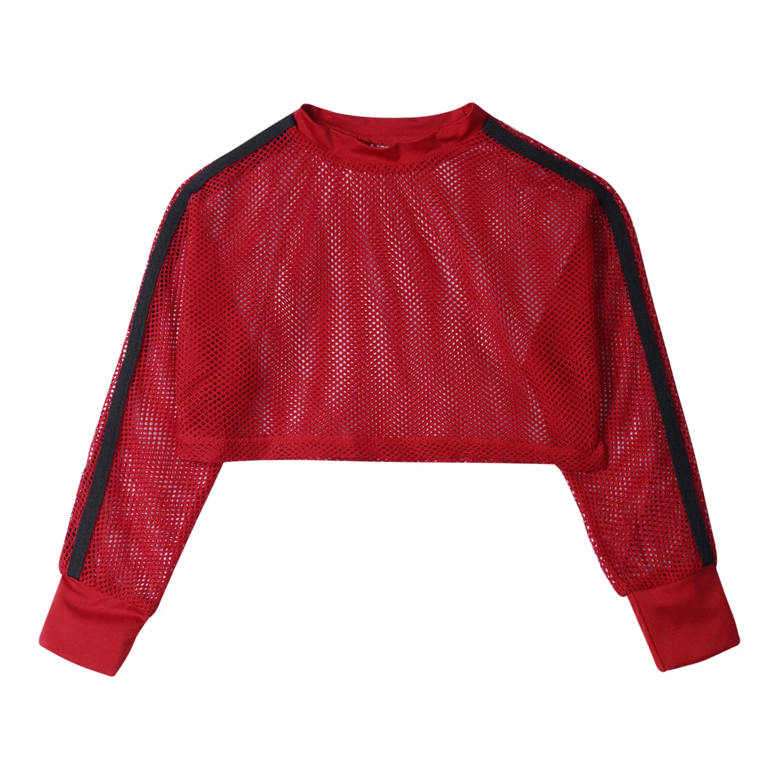 

Summer Autumn 2023 New Kids Girls Sports Top Mesh Long Sleeve Round Neck Crop Tops Performance Costumes for Workout Gym Sports