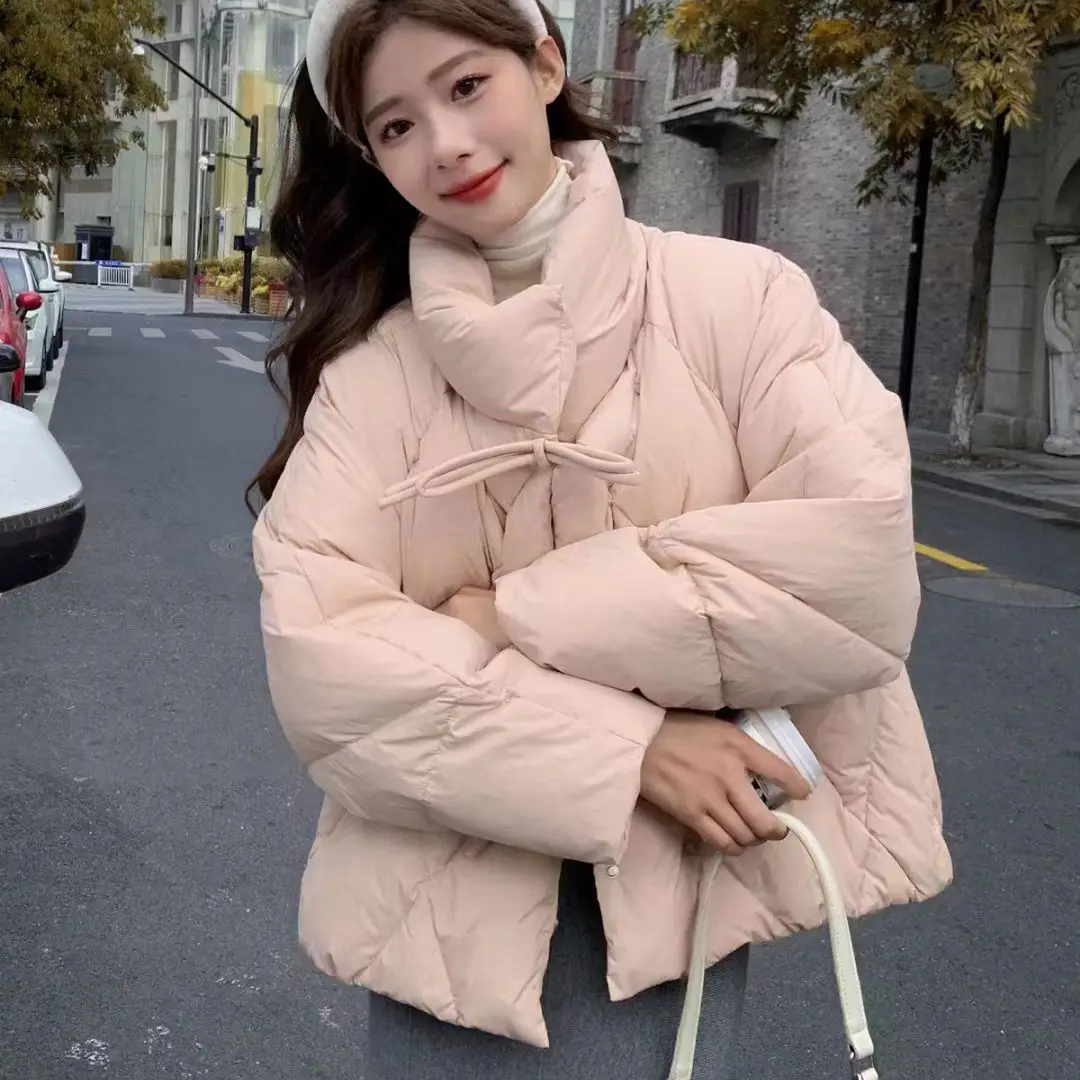 Women White Duck Down Loose Jackets 2023 New Winter Korean Style Solid Loose Casual Fashion Long Sleeve Coats Outwear C75