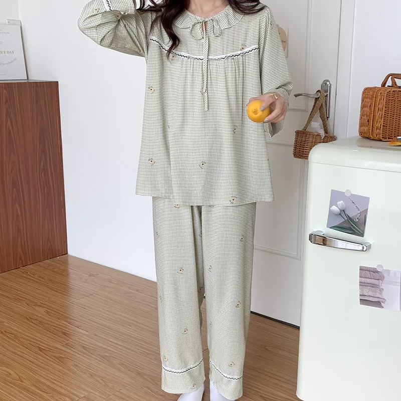 Spring Autumn Long Sleeve Cotton Silk Pajamas Middle School Student Sleep Pullover Pijamas Women