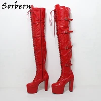 sorbern 15cm block heel boots women crotch thigh high red shiny 4 straps punk style platform chunky heels custom for drag queens