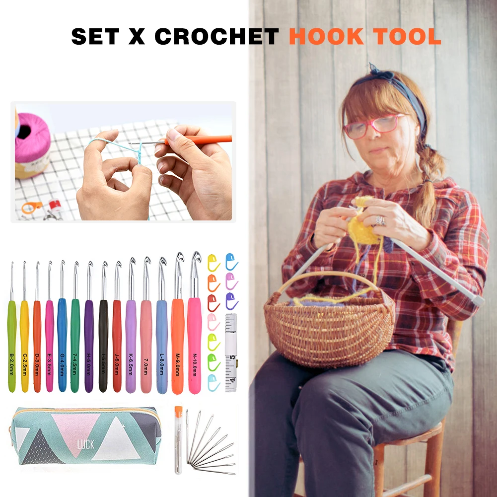 

14pcs Portable Knitting Tools Set Soft Handles Yarn Knitting Needles Knitting Craft Case Aluminum Crochet Hooks Kit with Bag