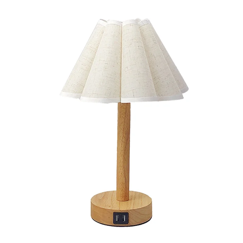 

Japan Style table lamps for Bedroom USB charging Vintage Eco-friendly linen Wood desk Lamp With Tricolor LED Bulb Bedside light