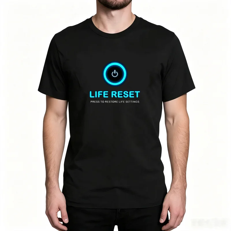 Фото Футболка Life Reset Power Button с забавным техно-мемом, повседневная хлопковая уличная одежда для мужчин и женщин, топ в стиле Харадзюку Y2k №1