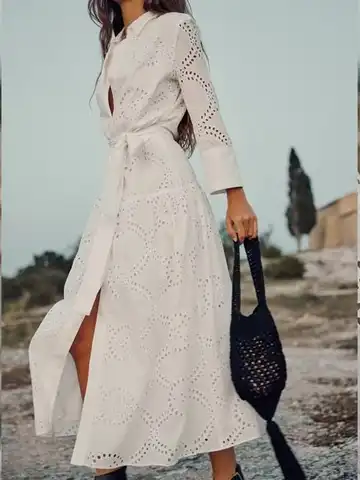 New women's clothing Elegant and simple hollow spring and summer long-sleeved lapel long white embroidered midi dress