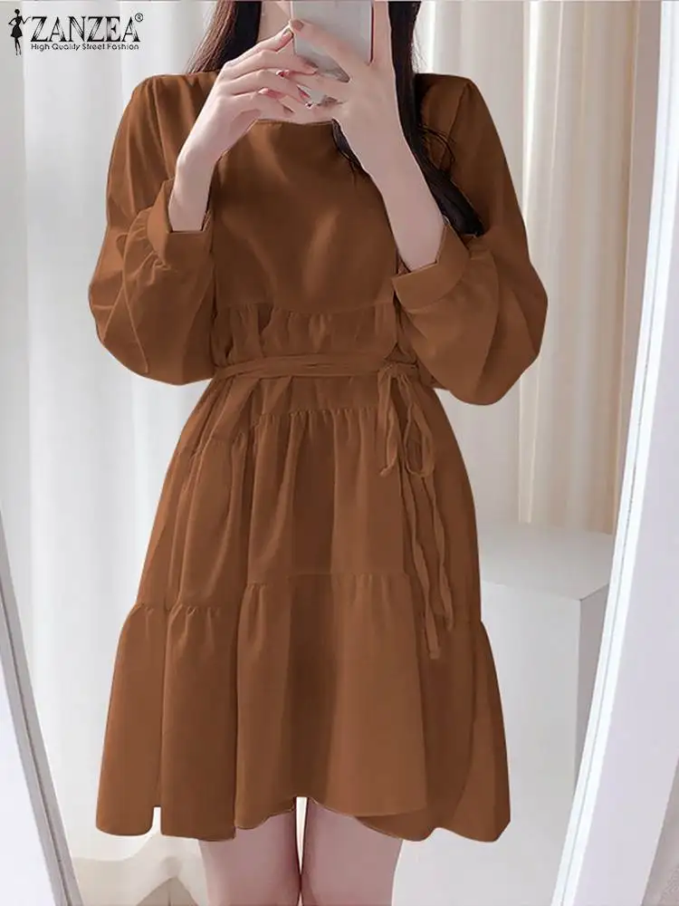 

Стильное женское короткое платье ZANZEA, модное Бандажное платье с квадратным вырезом, элегантное мини-платье с длинным рукавом, корейские мно...