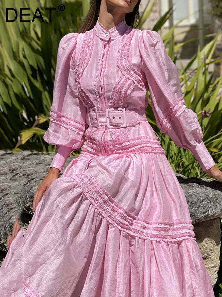Женское платье в винтажном стиле DEAT свободное с воротником-стойкой поясом и