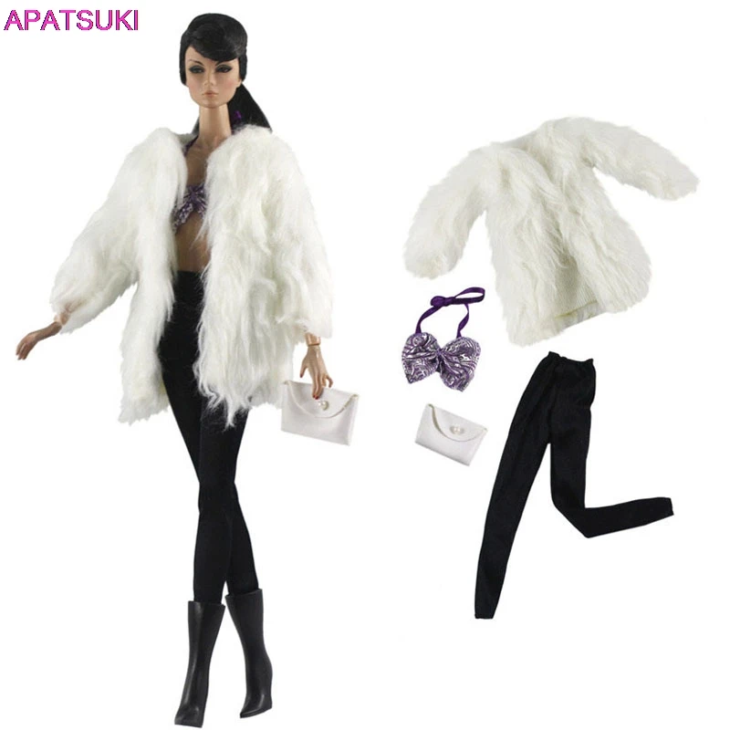 

Белая Меховая зимняя куртка модная Кукла Одежда для куклы Барби одежда парка Топ Бюстгальтер леггинсы сумка 1/6 кукла аксессуары Игрушка