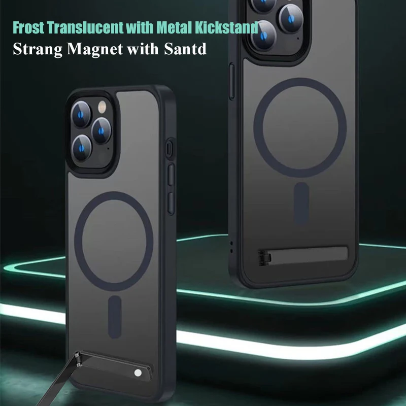 

Translucent Magnetic Stand Phone Case for iPhone 15 14 13 12 Pro Max Plus Cases Military Grade Shell Cover with Metal Kickstand