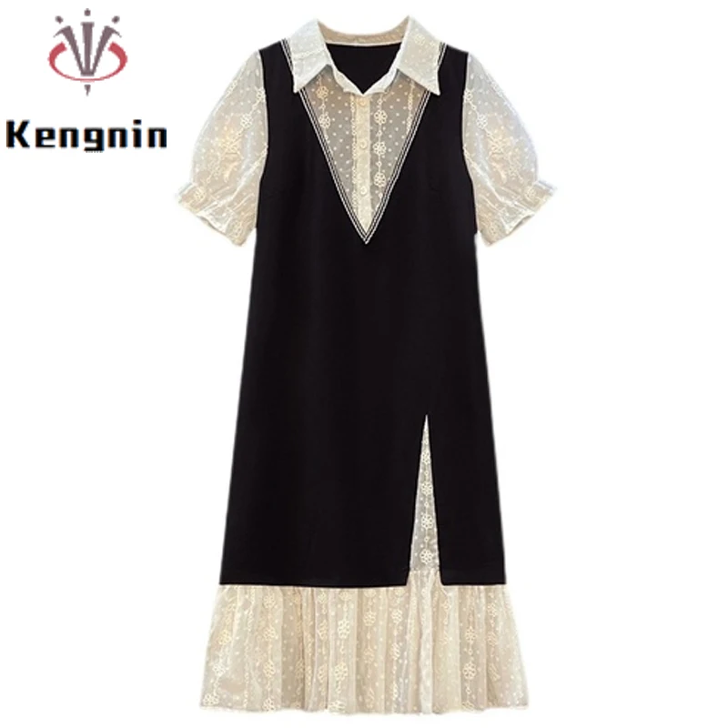 

Женское платье-рубашка с имитацией двух предметов, летнее свободное кружевное жаккардовое платье в стиле пэчворк, дизайнерское платье 5XL, о...