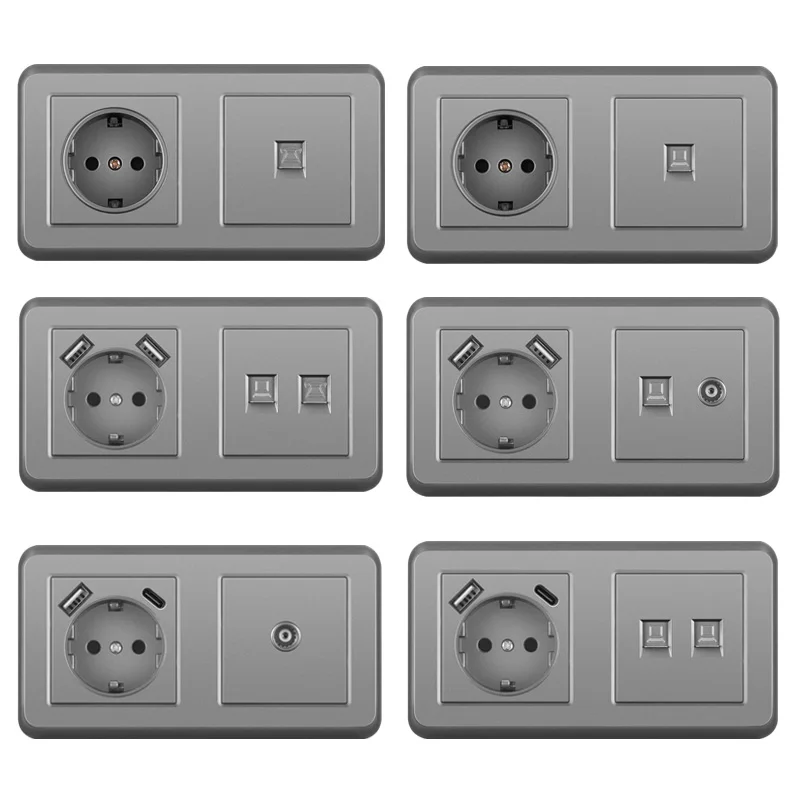 Настенная розетка NYWP настенная стандарта ЕС + TV phone серое закаленное стекло rj45 cat6