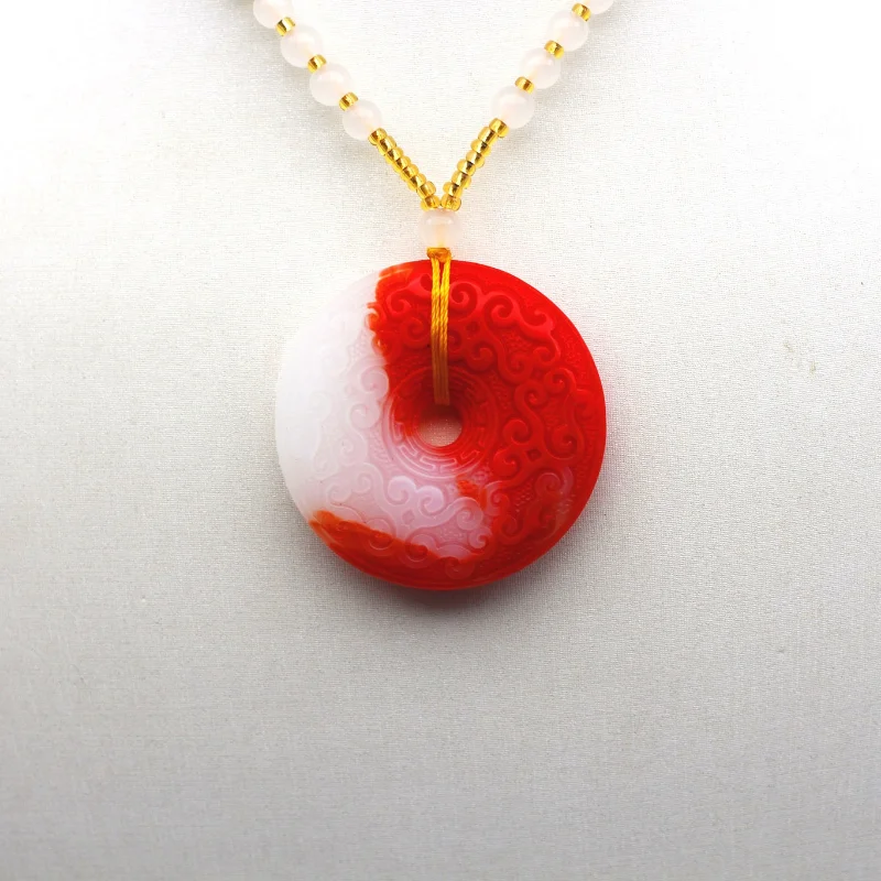 Red White Jade Auspicious Pendant Necklace Fashion Jewelry Double-sided Hollow Carved Natural Charm Amulet Gifts for Women Men images - 6