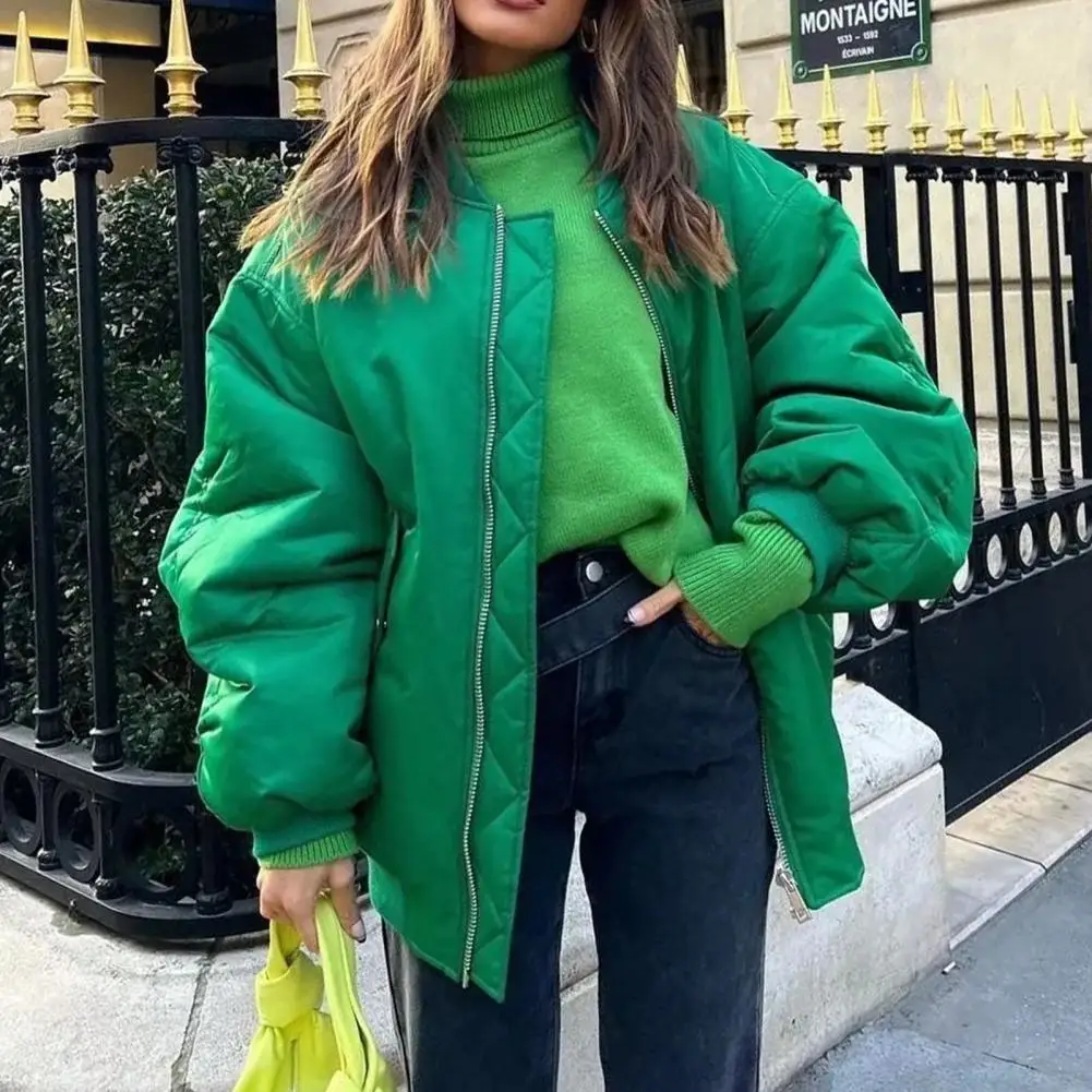 

Women Autumn Coat Loose Stand Collar Long Sleeves Solid Color Cardigan Keep Warm Casual Elastic Cuff Female Parka Jacket