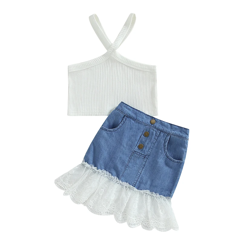 

Детский комплект из двух предметов для девочек, летняя белая майка без рукавов, топы в рубчик и эластичная джинсовая юбка с кружевным подолом, комплект одежды для малышей