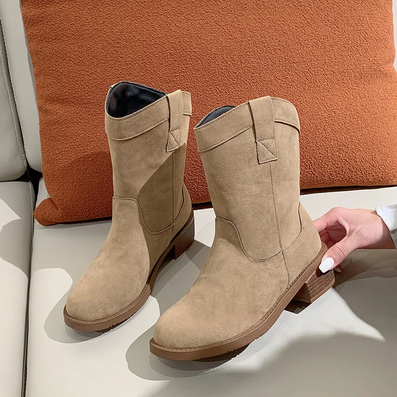 

2023 Autumn/Winter New Simple Coarse Heel Round Head Suede and Calf Warm Large Women's High Heel Mid Sleeve Boots 35-42