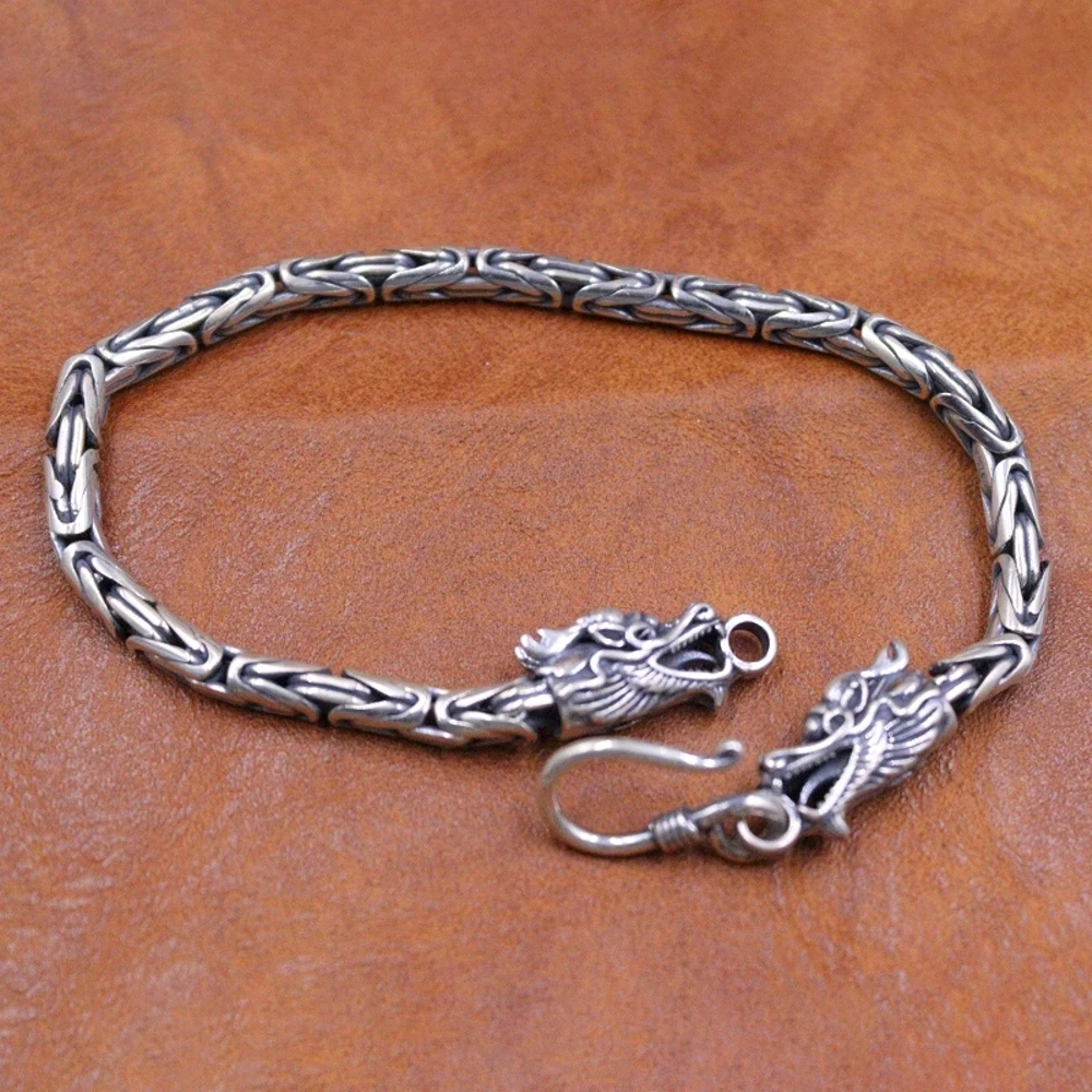 Настоящая твердая кожа серебряная цепочка мужской браслет с головой дракона