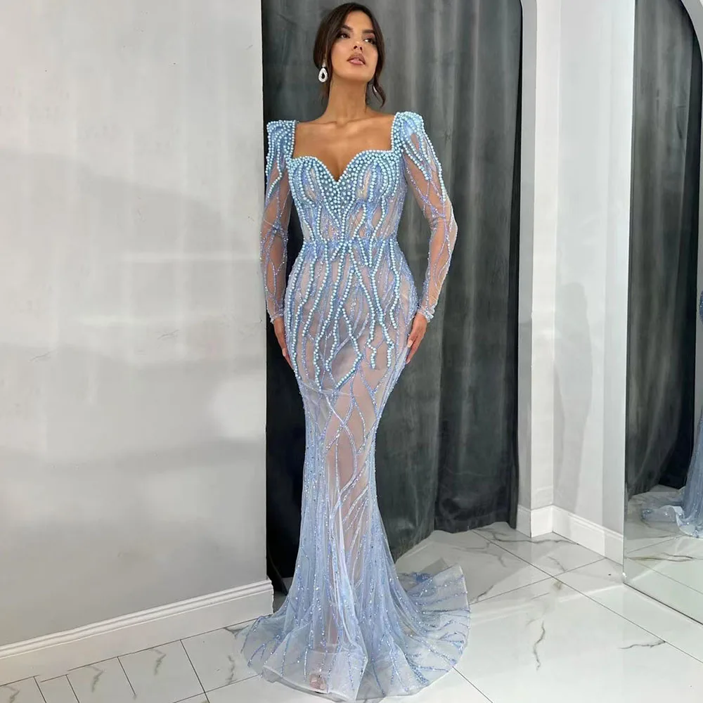 

Sky Blue Illusion Mermaid Prom Dresses Luxury Beaded Lace فساتين مناسبة رسمية 2023 Sweetheart Dubai Arabic Formal Party Dress