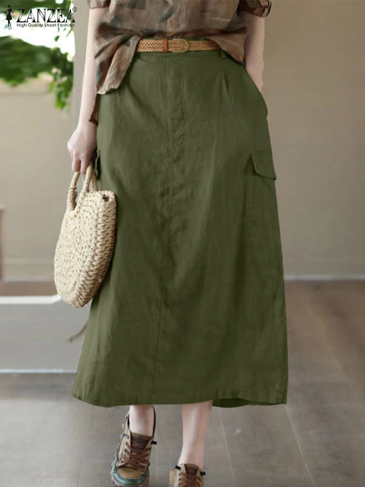 

Осенняя однотонная хлопковая юбка миди с высокой талией ZANZEA, женские винтажные юбки-карго, модная свободная повседневная юбка