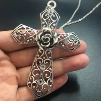 retro new fashion religious belief big cross pendant necklace cross flower pendant silver jewelry ladies gift