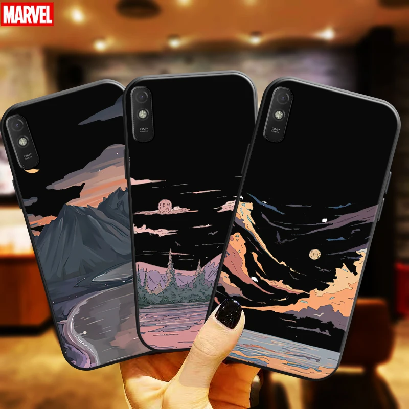 

Hand Painting Landscape Phone Case For Xiaomi Redmi 9A 9AT Funda Liquid Silicon Silicone Cover Black Back Carcasa