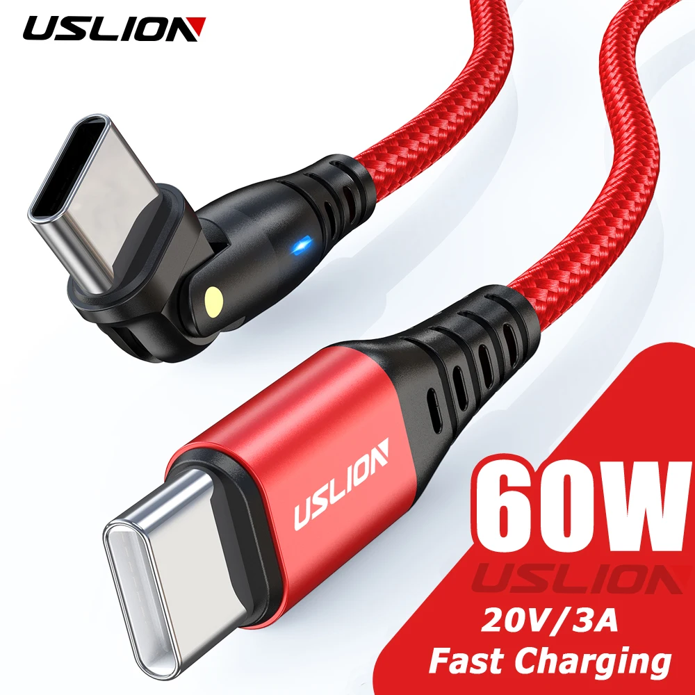 

USLION 60W PD USB C Cable 3A Fast Charging USB-C to Type C Data Cord For iPad Xiaomi 13 12 POCO 180 Rotate Elbow Wire For Game