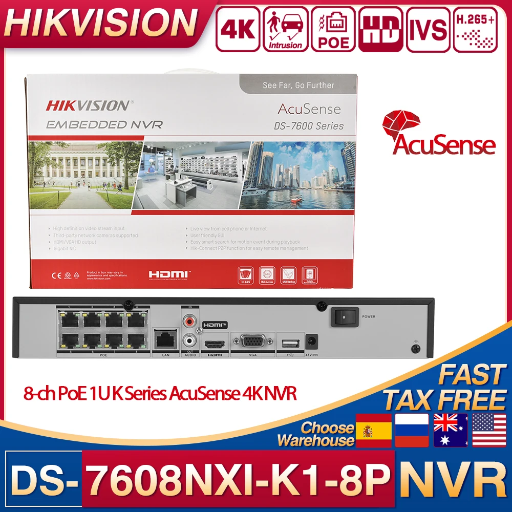 Hikvision DS-7608NXI-K1/8P 1U POE AcuSense 4K NVR Распознавание лиц Смарт-воспроизведение SATA CCTV