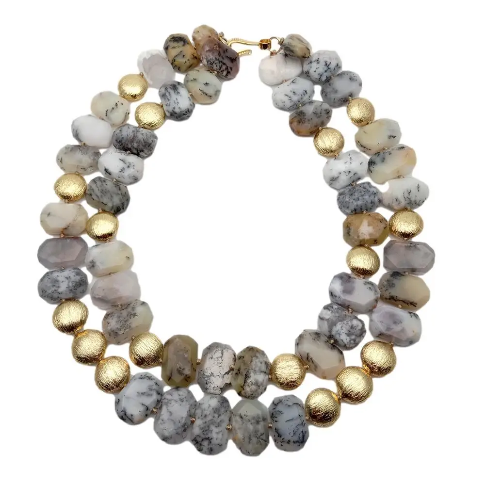 

Y.YING 2 Strands Natural Faceted Multi Color White Opal Slab Rectangle Nugget Necklace 18" Gemstone Handmade Jewelry