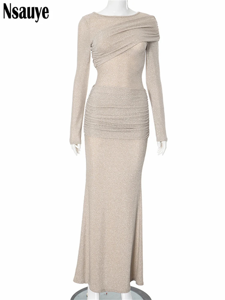 Nsauye блестящее однотонное длинное платье женское модное с круглым вырезом и
