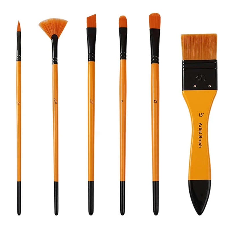 

6 pc Artist Paintbrushes for Acrylic Oil Watercolor Flexible Nylon Brush Head for Kids Beginner Student Amateurs Painter