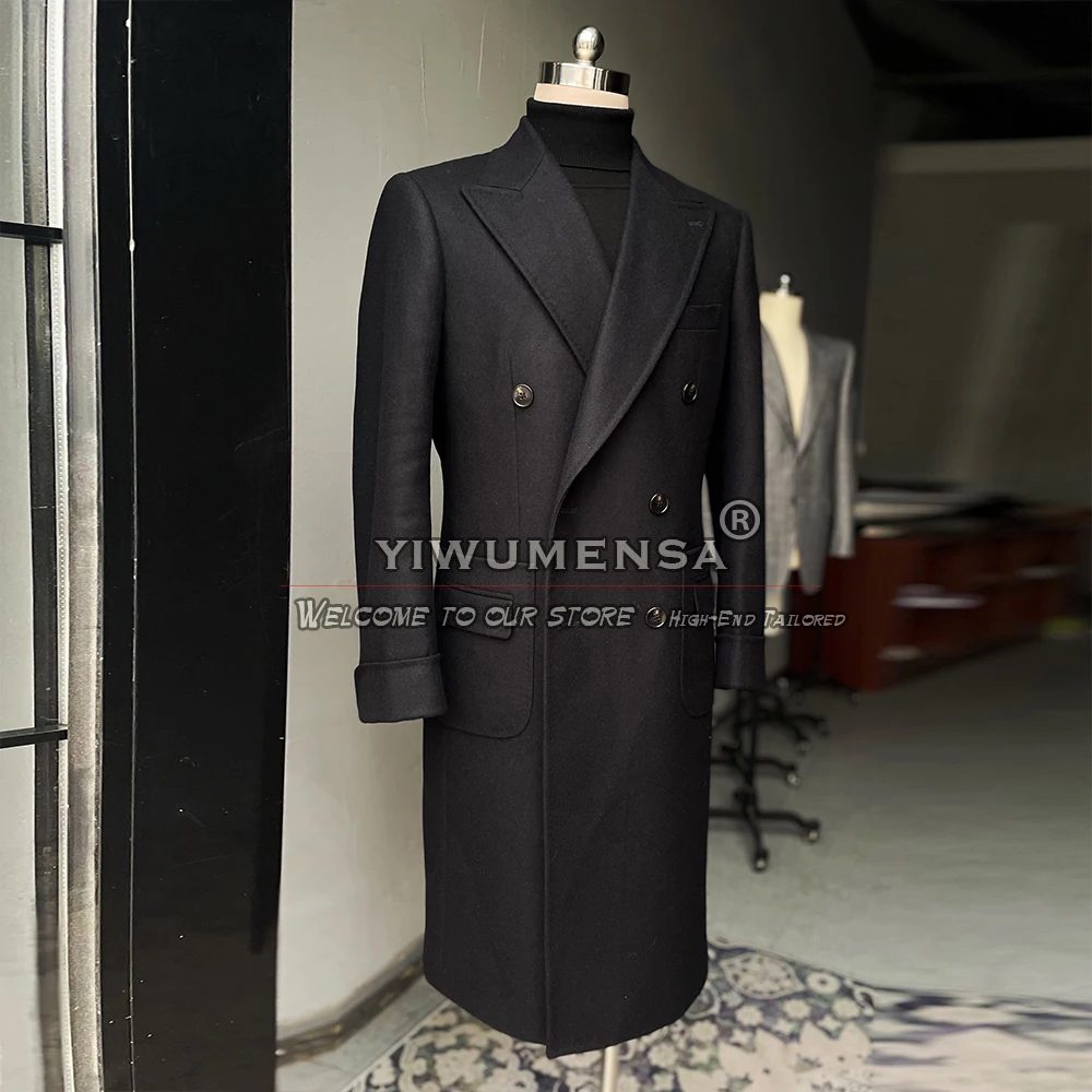 Autumn/Winter Men Trench Coat Long Black Tweed Wool Blend Thick Suit Jackets Double Breasted Overcoat Business Blazer Sets 2022