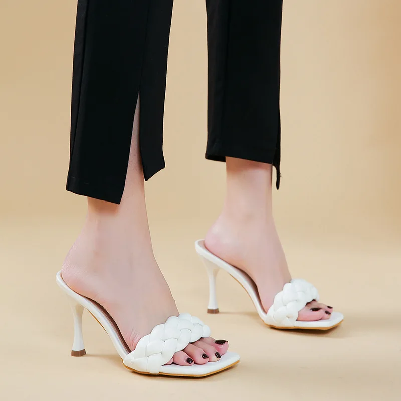 

2022 New Women Summer Slides High Quality Weave Open Toe High Heels Casual Slipper Leisure Sandal Female Beach Flip Flop
