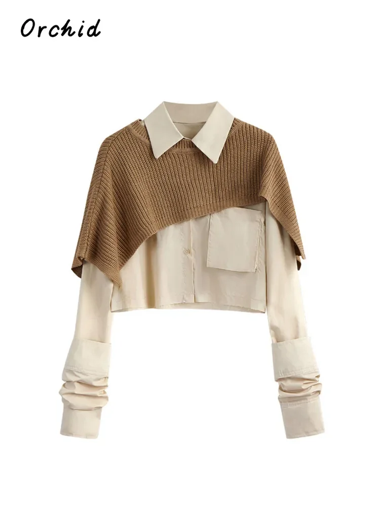 

Женский трикотажный комплект из двух предметов, блузка с длинным рукавом и однотонный пуловер, укороченный свитер и шаль в Корейском стиле, Осень-зима 2023