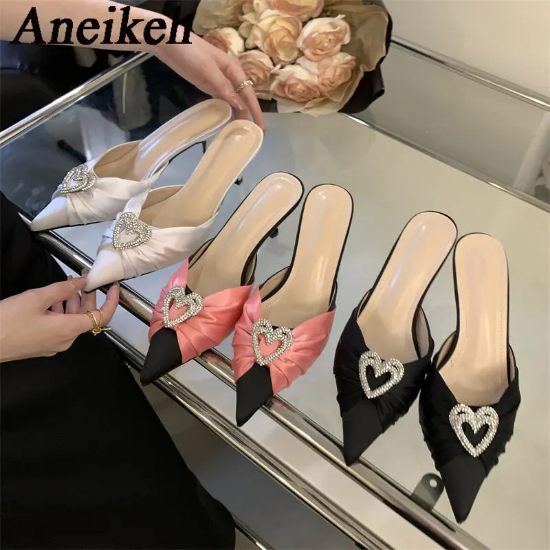 

Женские шелковые туфли Aneikeh смешанных цветов с заостренным носком на высоком каблуке, одна обувь 2023, блестящие туфли-лодочки с украшением из...