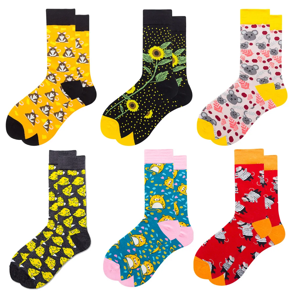 6 Pairs Spring and Autumn New Personality Men and Women Funny Socks Colorful Fashion Hiphop Casual Cotton Socks for Men