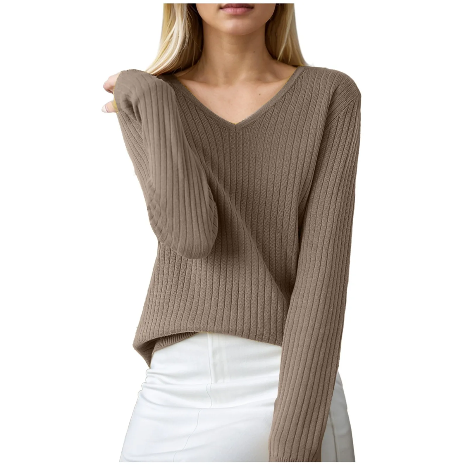 Новинка 2024 женские свитера повседневные однотонные джемперы с v-образным вырезом