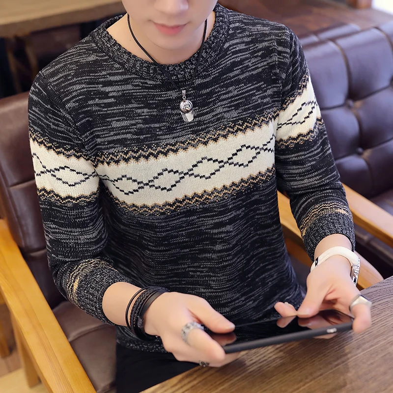 

2022 Men's Spring and Autumn Thin Elastic Crew Neck Pullover Personality Stripe Colorblock Fashion British Style Sweater