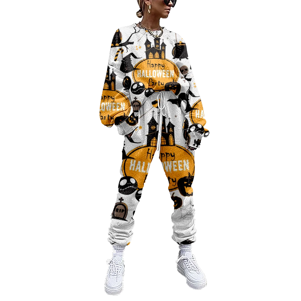 

Women's sportswear two piece set, Happy HALLOWEEN printed sportswear casual sweater trousers women's sportswear