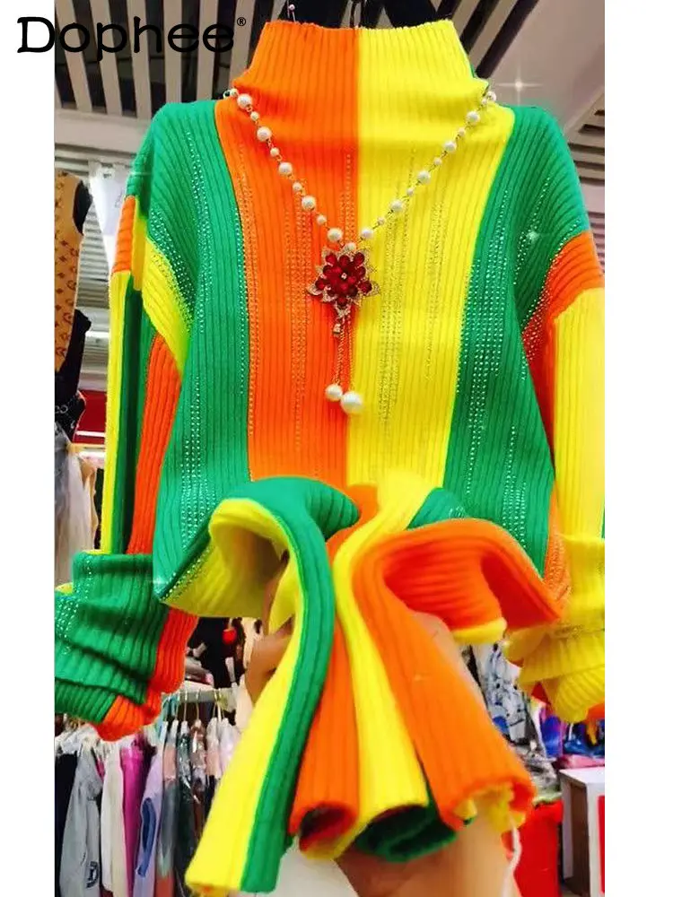Fashion Color Matching Striped Rhinestone Turtleneck Sweater Women Pullover Sweater Top Autumn Winter Knitting Bottoming Shirt