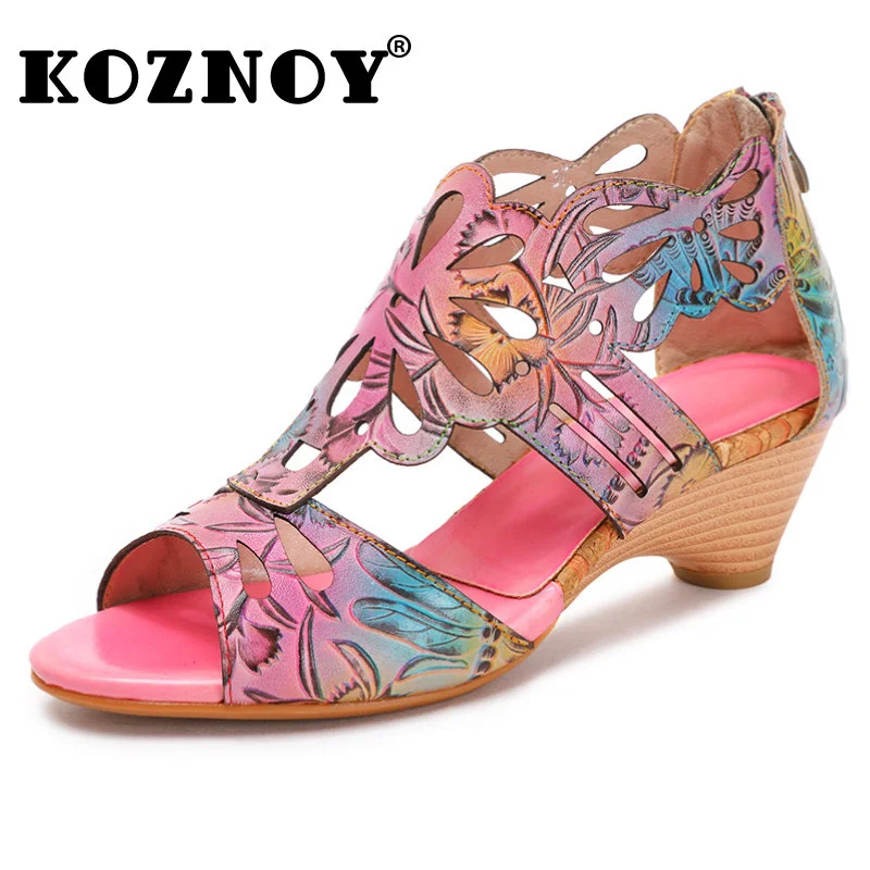 

Koznoy 4cm Pink Genuine Leather Woman Moccasin Ethnic Sheepskin Summer Chunky Heels Big Size Print Hollow Buckle Moccasins Shoes