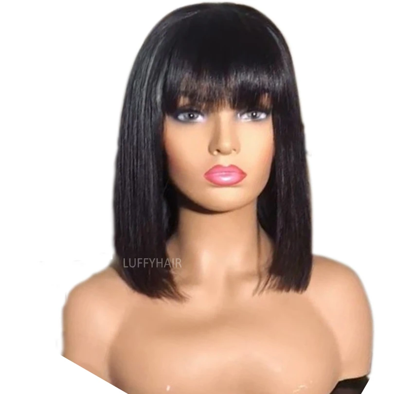 

Straight Bob Human Hair Wigs With Bangs 5x5 Silk Base Closure Bob Wigs For Woman 14 inch Brazilian Bangs Wig