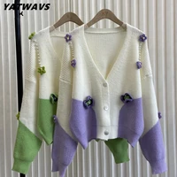 yatwavs 2022 korean women sweet beading sweater top new autumn fashion hit color patchwork flower loose knitted cardigan coat