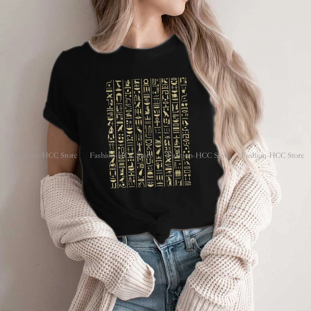 

Magic Egyptian Ancient Egypt Culture Polyester TShirt for Women Black & Gold Hieroglyphics Humor Leisure Sweatshirts T Shirt