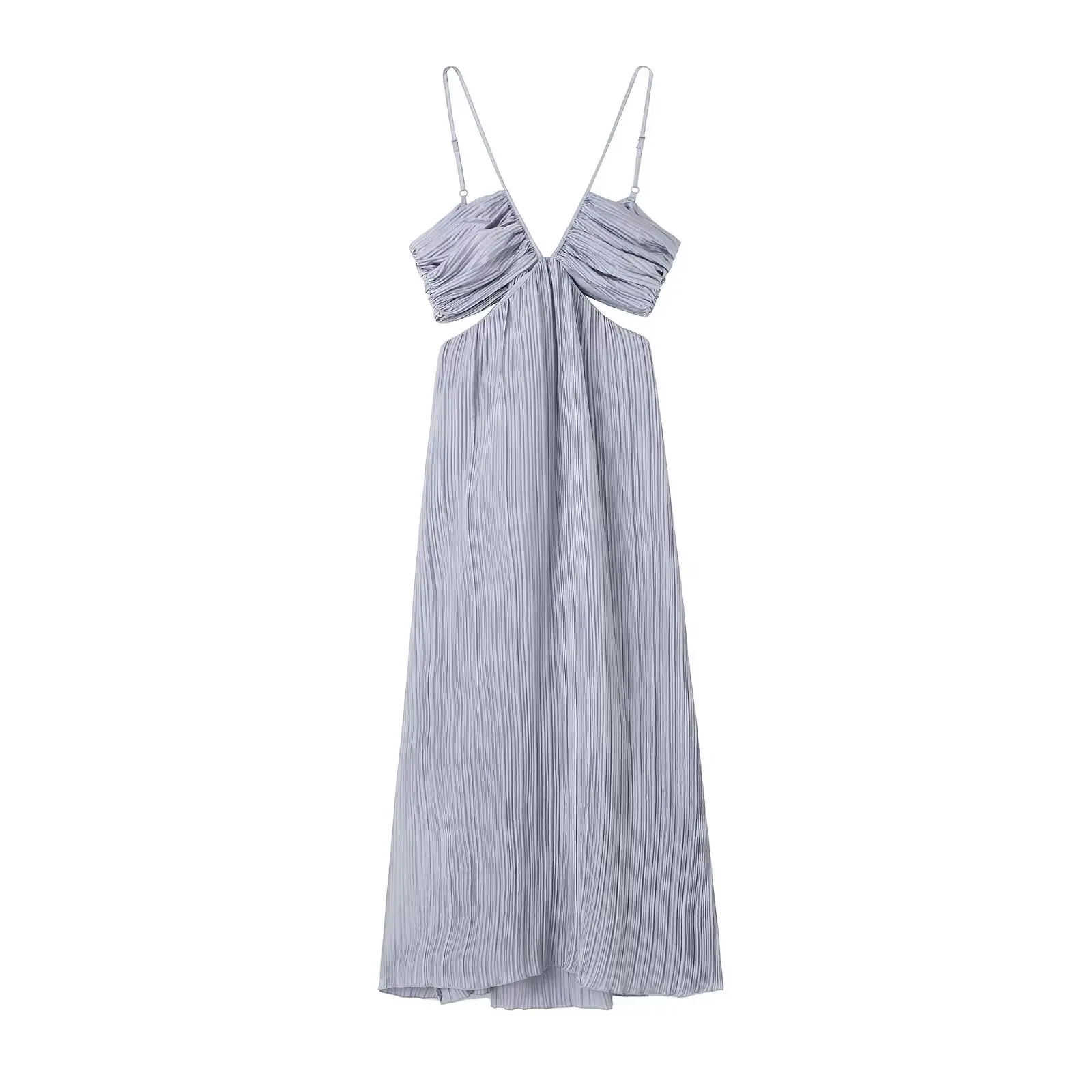 

2022 Women Sexy Fashion With Bow Tied Cut Out Pleated Midi Dress Vintage Backless Thin Straps Female Dresses Vestidos Mujer